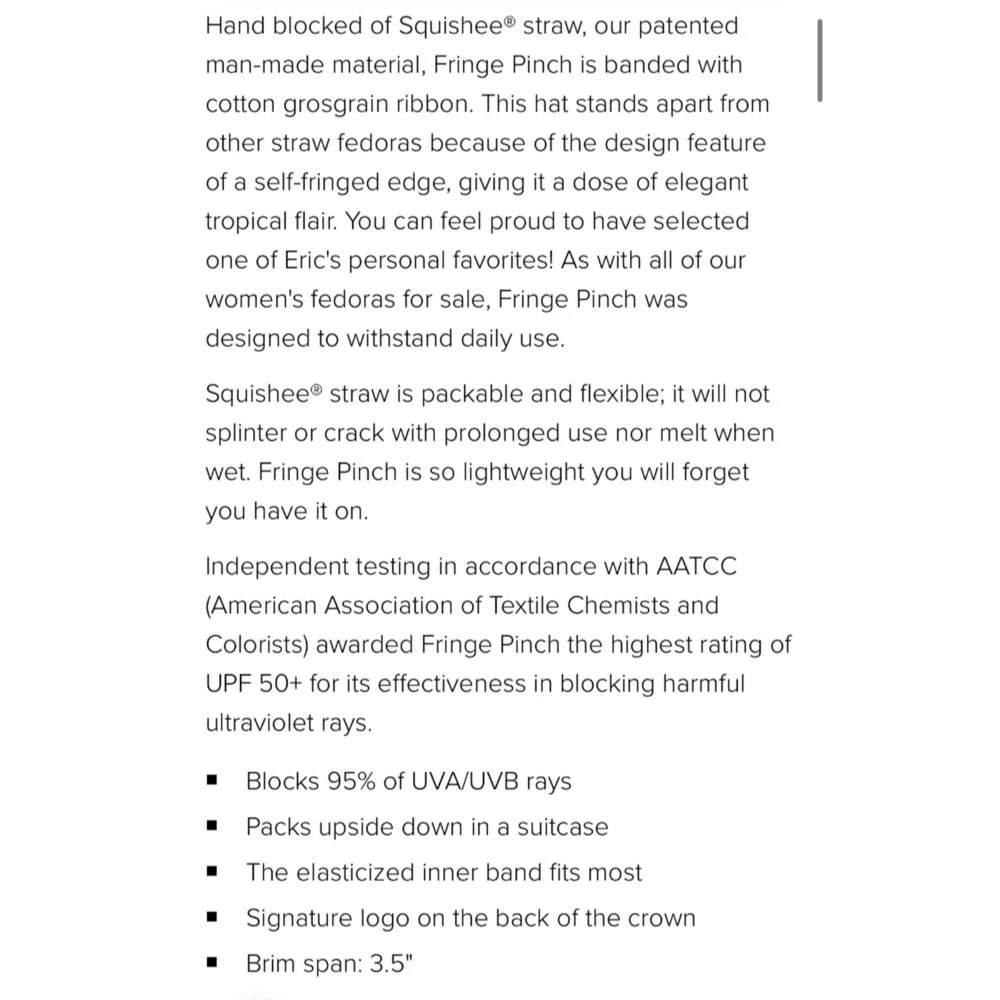 Eric Javits Squishee Packable Straw Fedora Fringe Pinch UPF 50+ - Picture 5 of 9